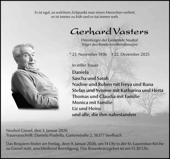 Traueranzeige von Gerhard Vasters von FZ