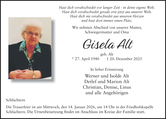 Traueranzeige von Gisela Alt von FZ