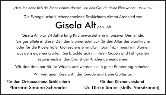 Traueranzeige von Gisela Alt von FZ