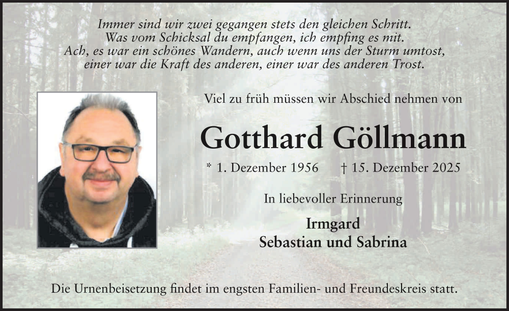  Traueranzeige für Gotthard Göllmann vom 07.01.2026 aus FZ