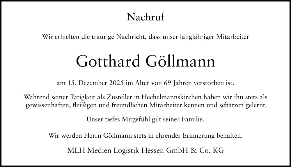  Traueranzeige für Gotthard Göllmann vom 07.01.2026 aus FZ