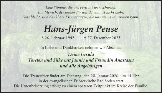 Traueranzeige von Hans-Jürgen Peuse von FZ