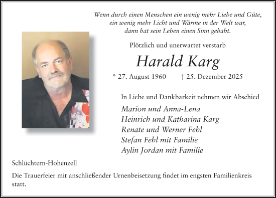 Traueranzeige von Harald Karg von FZ