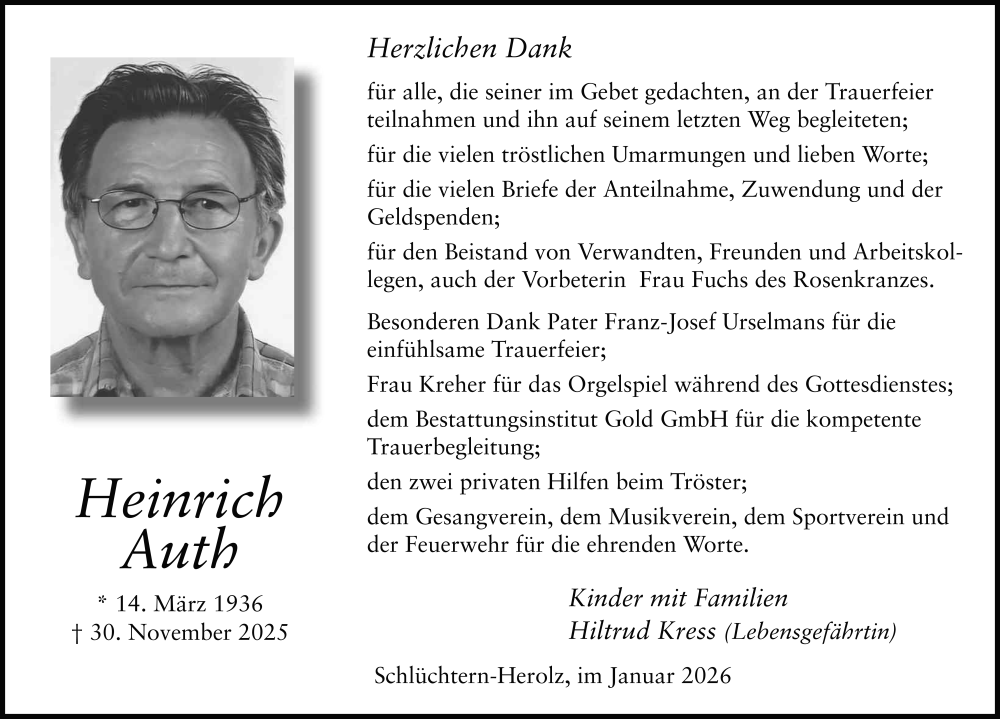  Traueranzeige für Heinrich Auth vom 03.01.2026 aus FZ