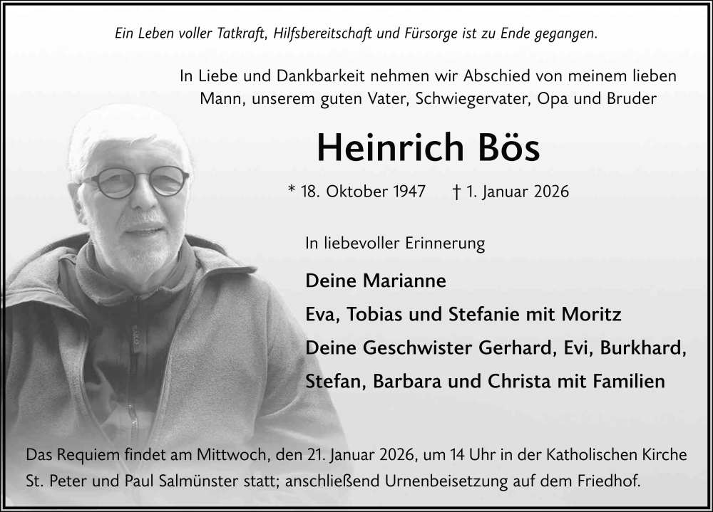  Traueranzeige für Heinrich Bös vom 10.01.2026 aus FZ