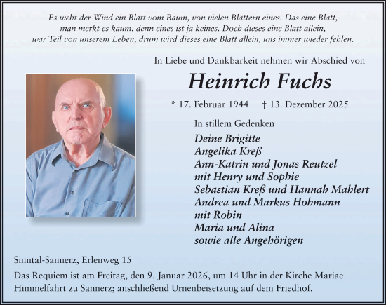 Traueranzeige von Heinrich Fuchs von FZ