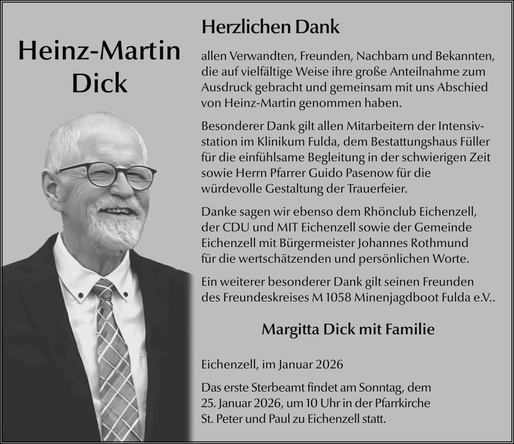  Traueranzeige für Heinz-Martin Dick vom 24.01.2026 aus FZ