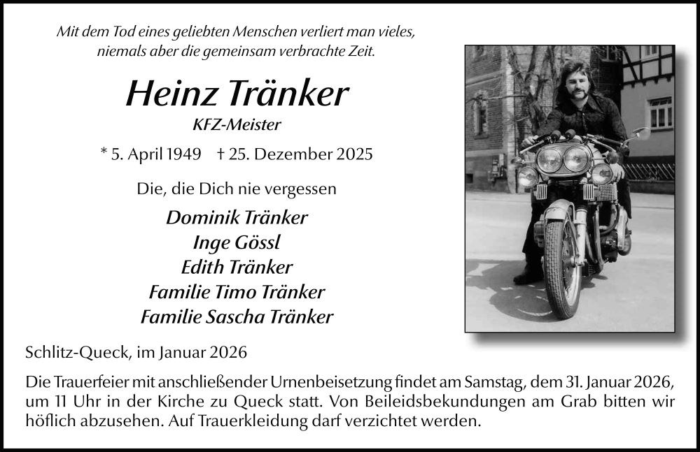  Traueranzeige für Heinz Tränker vom 24.01.2026 aus FZ