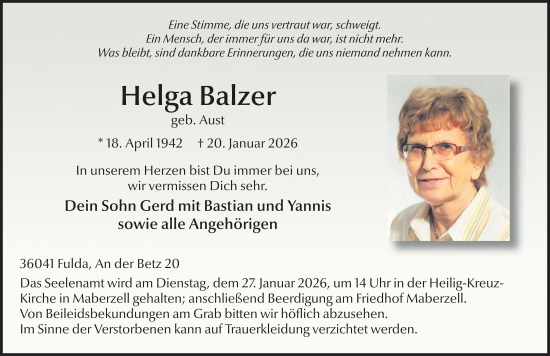 Traueranzeige von Helga Balzer von FZ
