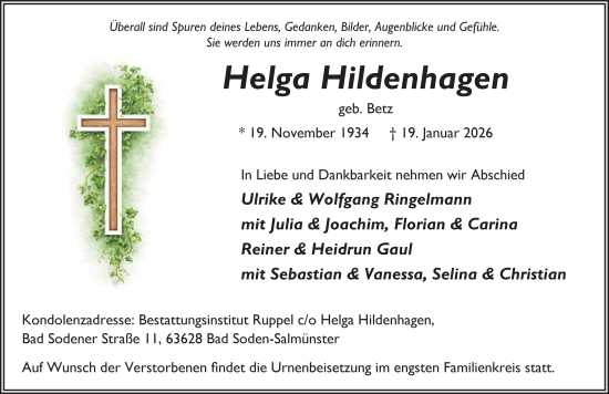 Traueranzeige von Helga Hildenhagen von FZ