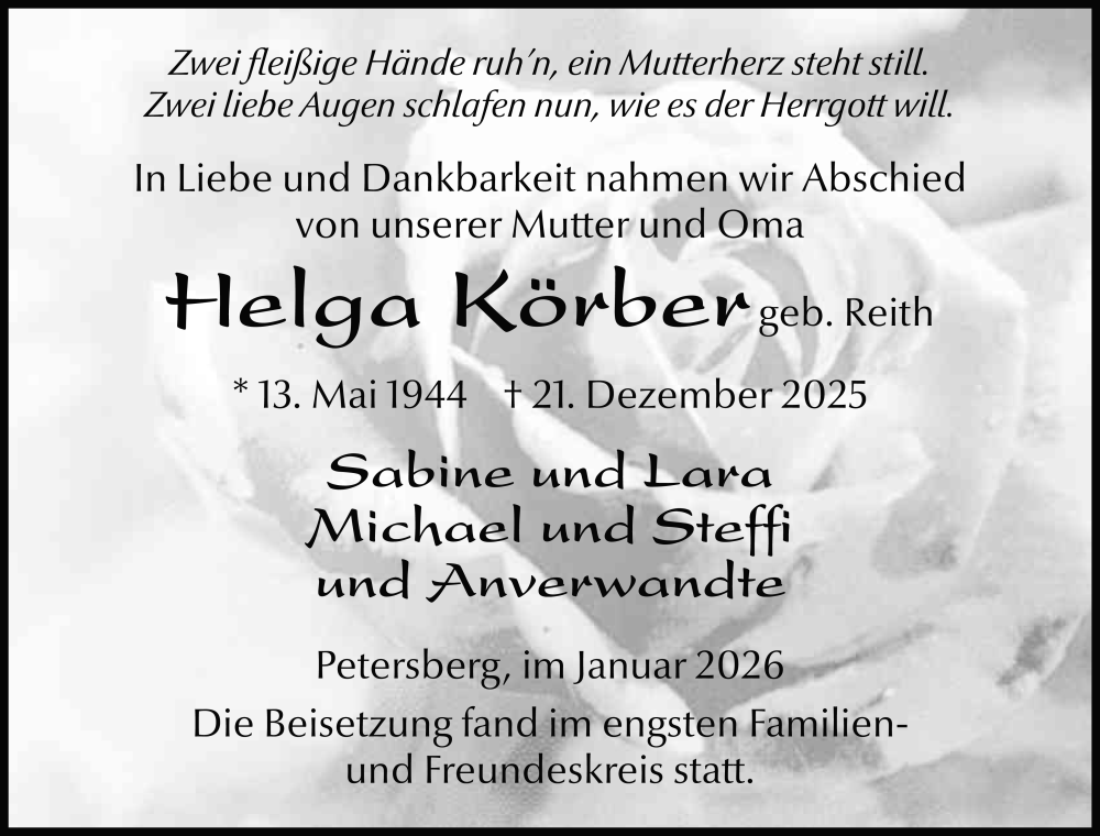  Traueranzeige für Helga Körber vom 24.01.2026 aus FZ