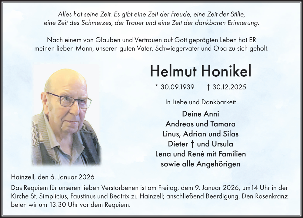  Traueranzeige für Helmut Honikel vom 06.01.2026 aus FZ