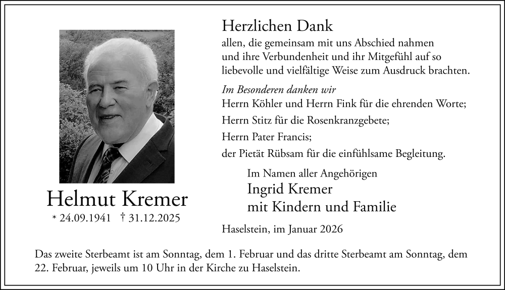  Traueranzeige für Helmut Kremer vom 24.01.2026 aus FZ