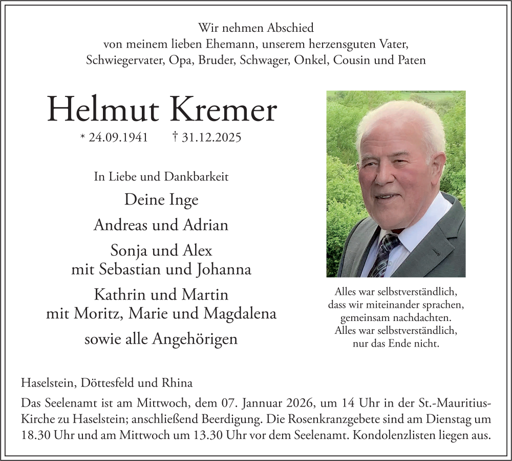  Traueranzeige für Helmut Kremer vom 05.01.2026 aus FZ