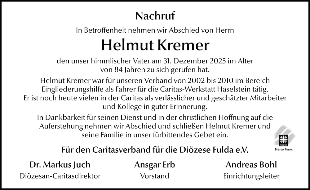  Traueranzeige für Helmut Kremer vom 08.01.2026 aus FZ