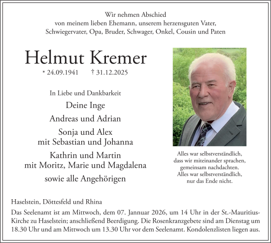 Traueranzeige von Helmut Kremer von FZ