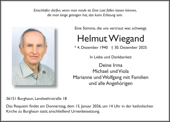 Traueranzeige von Helmut Wiegand von FZ