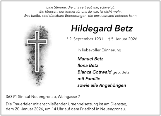 Traueranzeige von Hildegard Betz von FZ