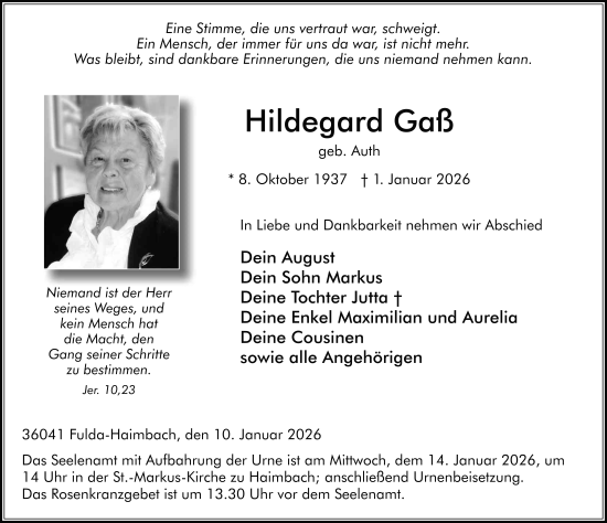 Traueranzeige von Hildegard Gaß von FZ