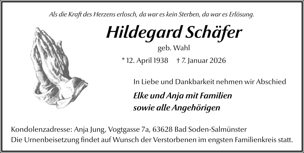  Traueranzeige für Hildegard Schäfer vom 17.01.2026 aus FZ
