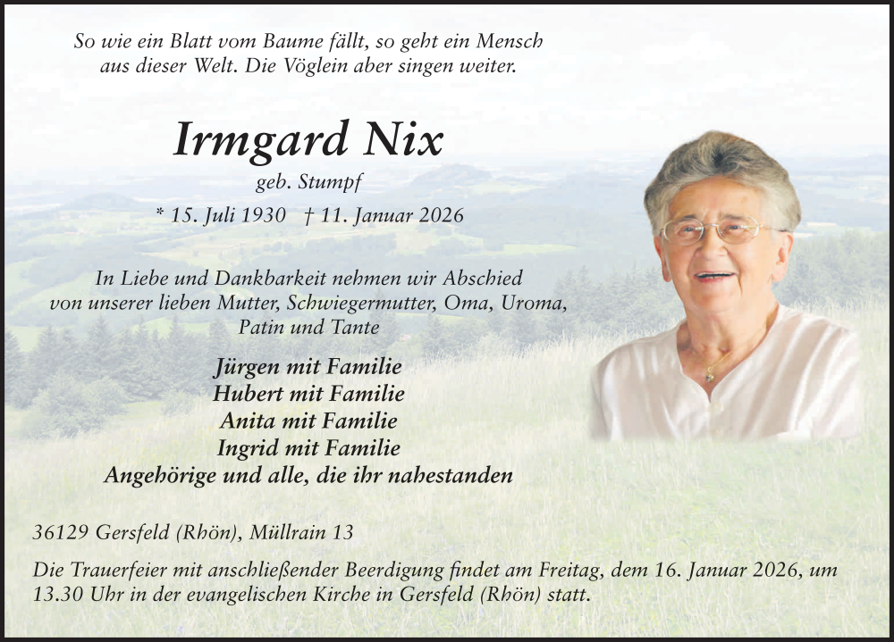  Traueranzeige für Irmgard Nix vom 14.01.2026 aus FZ