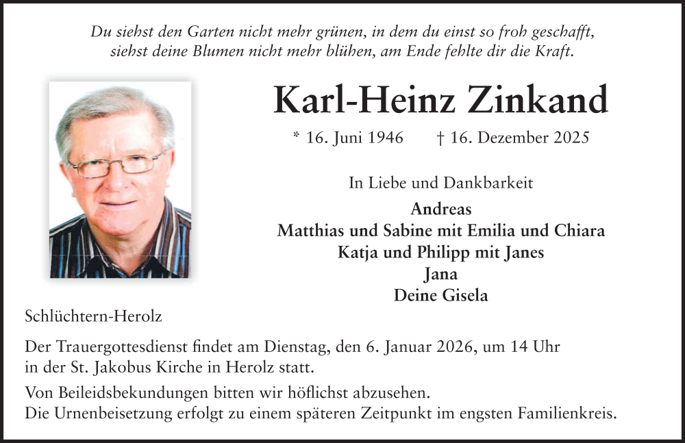  Traueranzeige für Karl-Heinz Zinkand vom 03.01.2026 aus FZ
