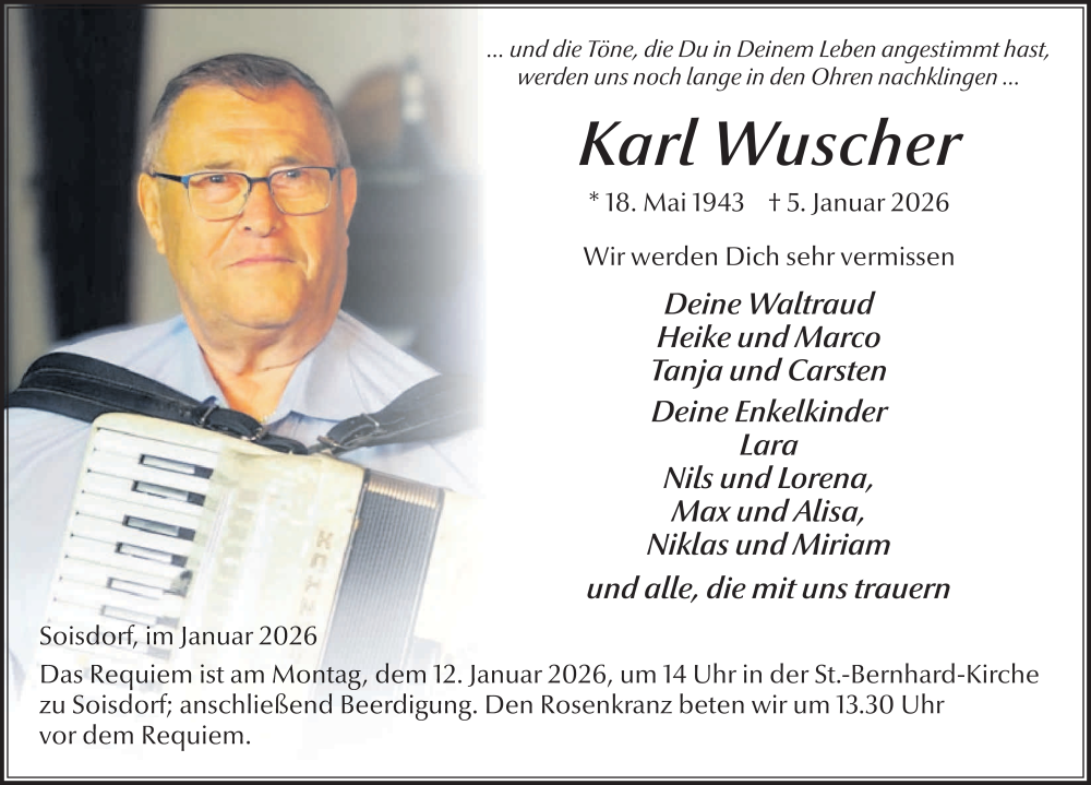  Traueranzeige für Karl Wuscher vom 09.01.2026 aus FZ