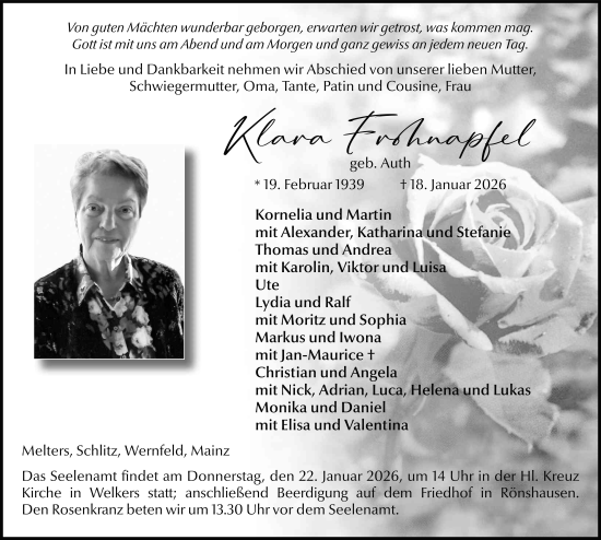 Traueranzeige von Klara Frohnapfel von FZ