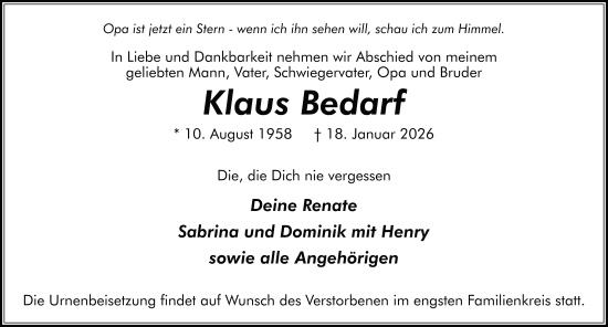 Traueranzeige von Klaus Bedarf von FZ