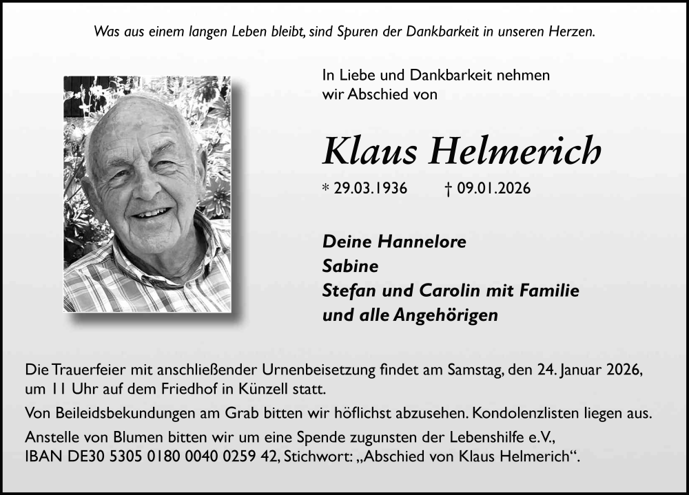 Traueranzeige für Klaus Helmerich vom 17.01.2026 aus FZ