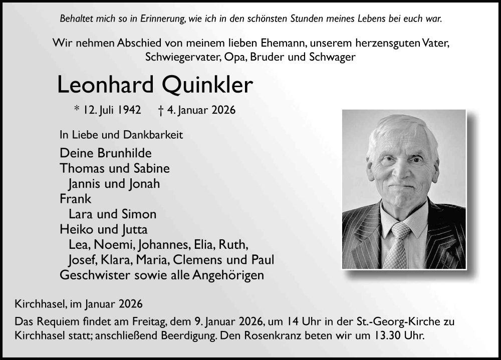  Traueranzeige für Leonhard Quinkler vom 07.01.2026 aus FZ