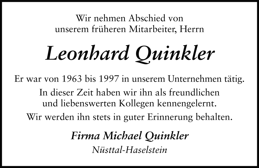  Traueranzeige für Leonhard Quinkler vom 08.01.2026 aus FZ