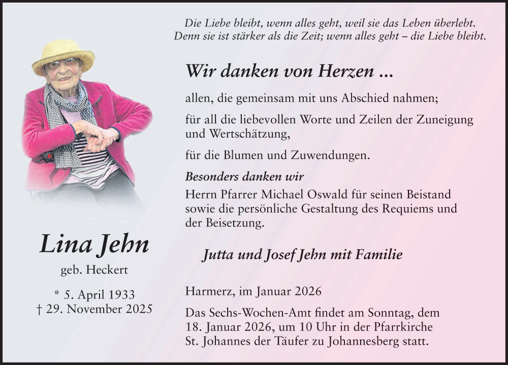  Traueranzeige für Lina Jehn vom 10.01.2026 aus FZ