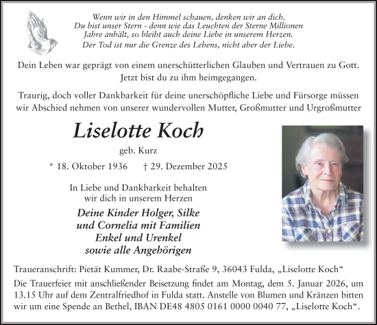 Traueranzeige von Liselotte Koch von FZ