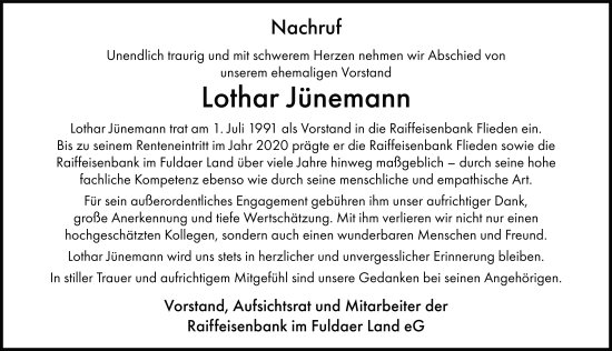 Traueranzeige von Lothar Jünemann von FZ