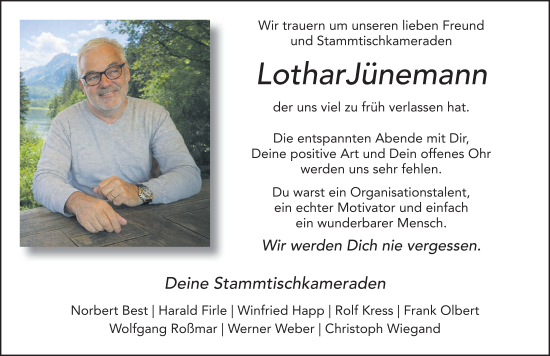 Traueranzeige von Lothar Jünemann von FZ