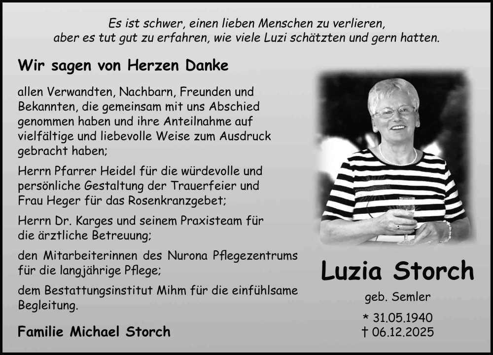  Traueranzeige für Luzia Storch vom 24.01.2026 aus FZ