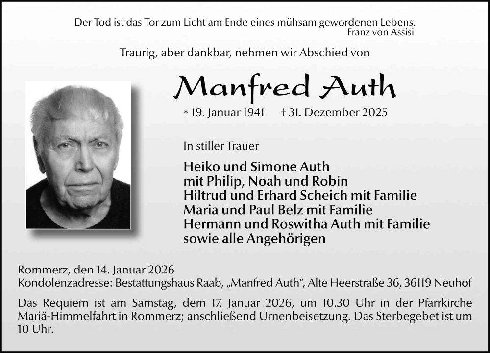  Traueranzeige für Manfred Auth vom 14.01.2026 aus FZ