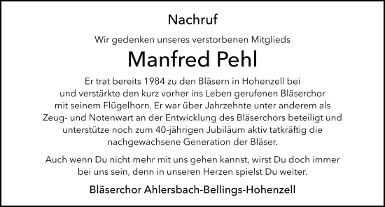 Traueranzeige von Manfred Pehl von FZ
