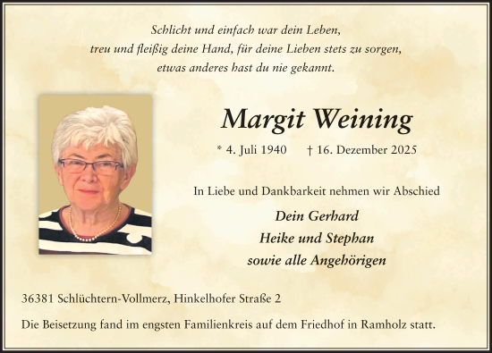 Traueranzeige von Margit Weining von FZ