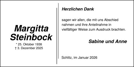 Traueranzeige von Margitta Steinbock von FZ