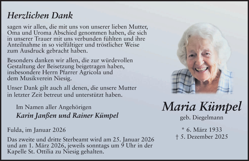  Traueranzeige für Maria Kümpel vom 03.01.2026 aus FZ