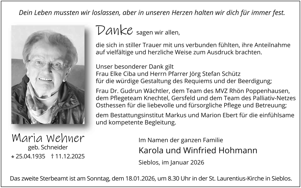  Traueranzeige für Maria Wehner vom 10.01.2026 aus FZ