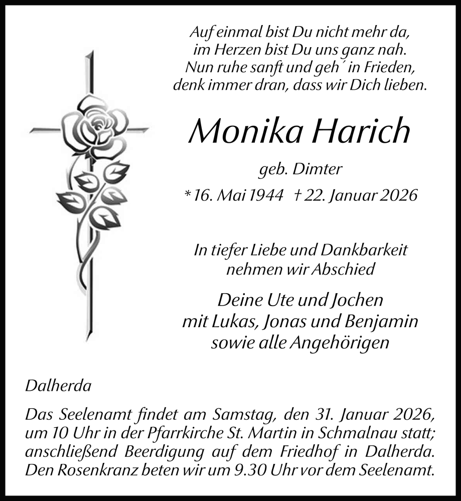  Traueranzeige für Monika Harich vom 27.01.2026 aus FZ