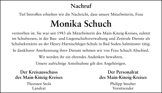 Traueranzeige von Monika Schuch von FZ