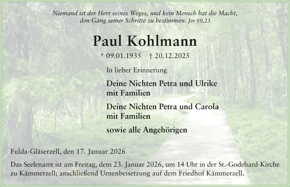  Traueranzeige für Paul Kohlmann vom 17.01.2026 aus FZ