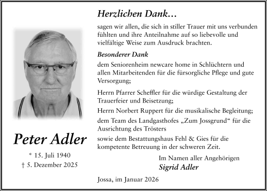 Traueranzeige von Peter Adler von FZ