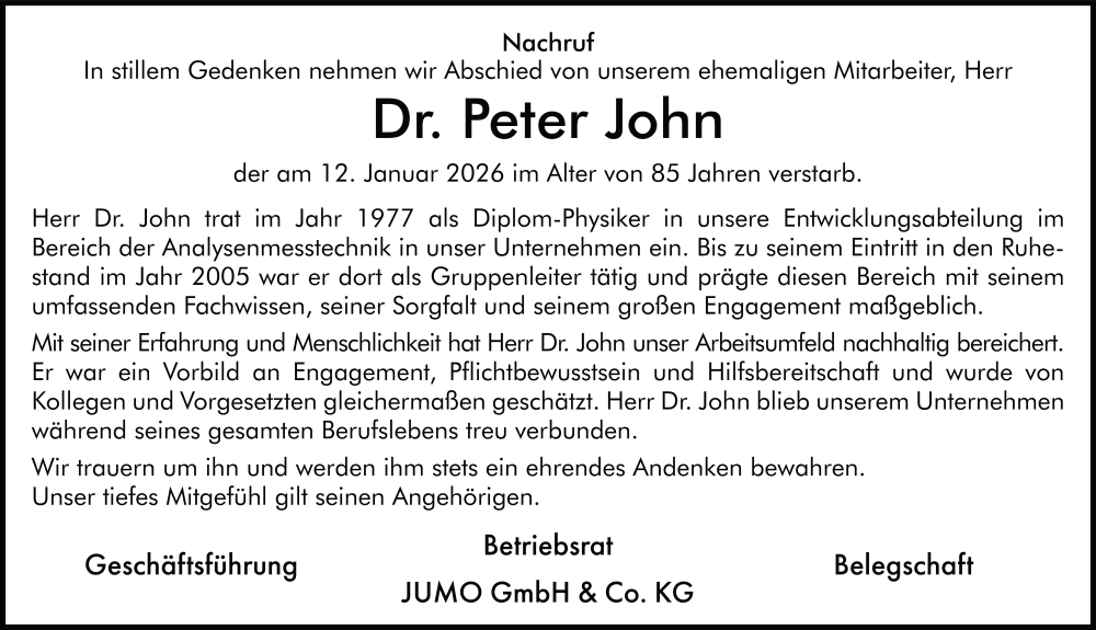  Traueranzeige für Peter John vom 21.01.2026 aus FZ