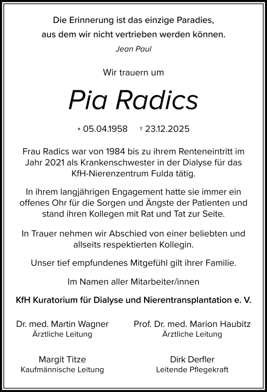 Traueranzeige von Pia Radics von FZ