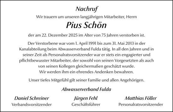 Traueranzeige von Pius Schön von FZ